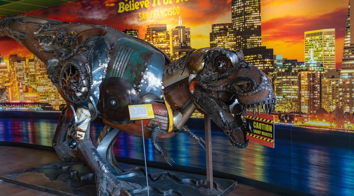 A giant metallic based Tyrannosaurus Rex on display at Ripley’s Believe It or Not in San Francisco.