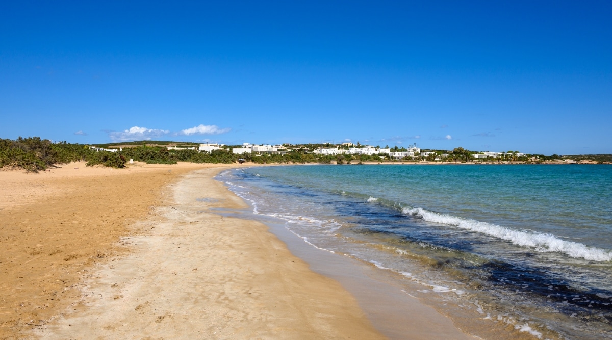 A photograph depicting Santa Maria Beach on Paros Island in the Cyclades, Greece. The image showcases the beach's clear waters and soft sand. The pristine environment offers a serene coastal scene with the azure sea meeting the sandy shoreline.