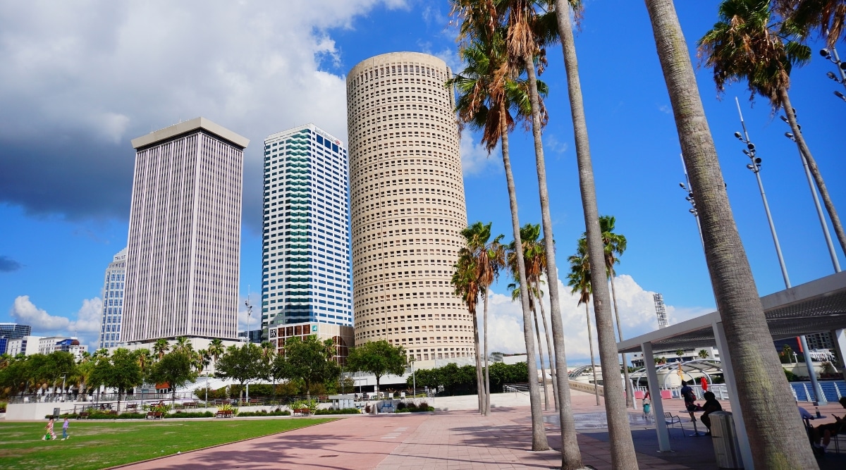 A street view capturing three high-rise buildings in Tampa Bay on a bright day. The square features palm trees in the vicinity, contributing to the urban landscape. In the background, three skyscrapers stand prominently, one of them notably cone-shaped. 