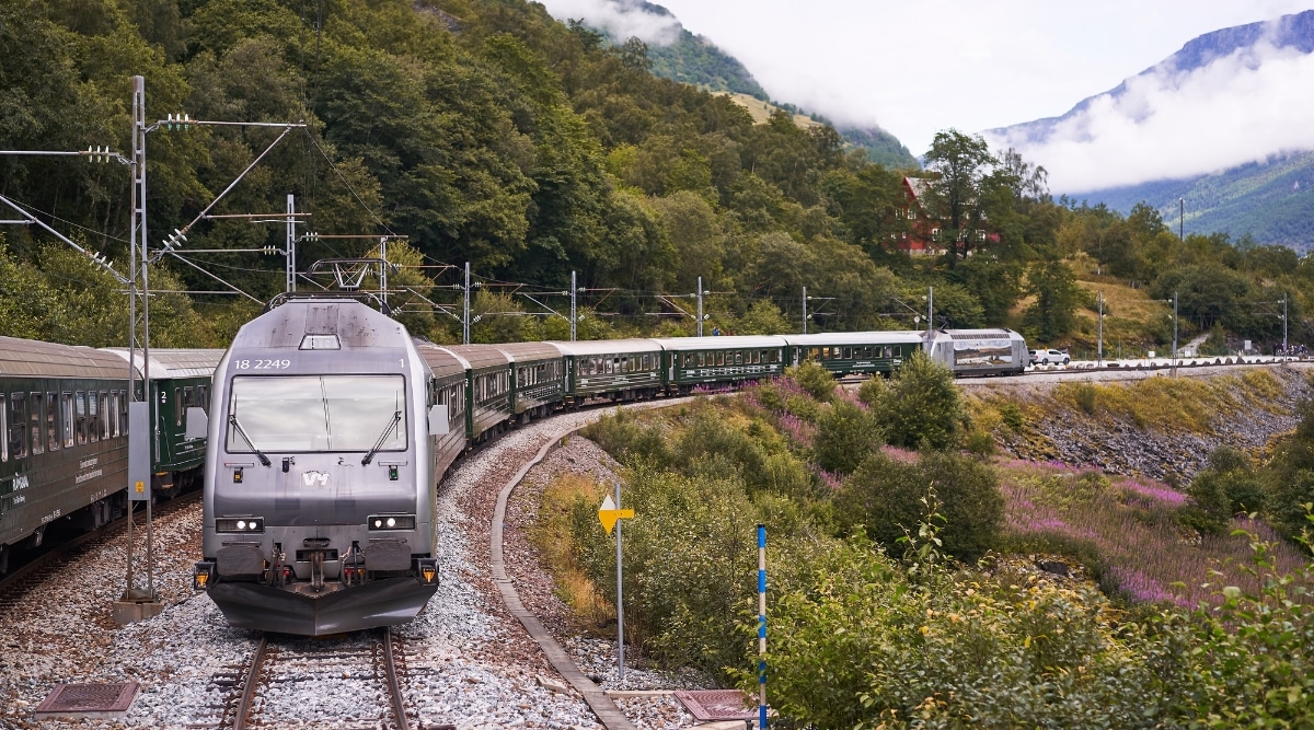 A close-up view of the front of The Flam Railway train, a dark gray-green locomotive, moving on a hillside. The train's exterior is characterized by its muted color palette. The surrounding landscape features abundant greenery, indicative of the lush natural surroundings.