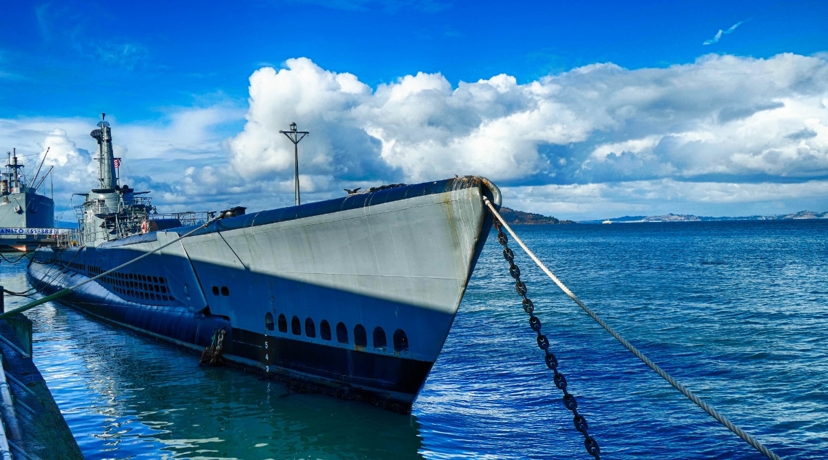 The famous USS Pampanito, retired on Pier 45 in San Francisco, welded to the docks, on a bright sunny day.