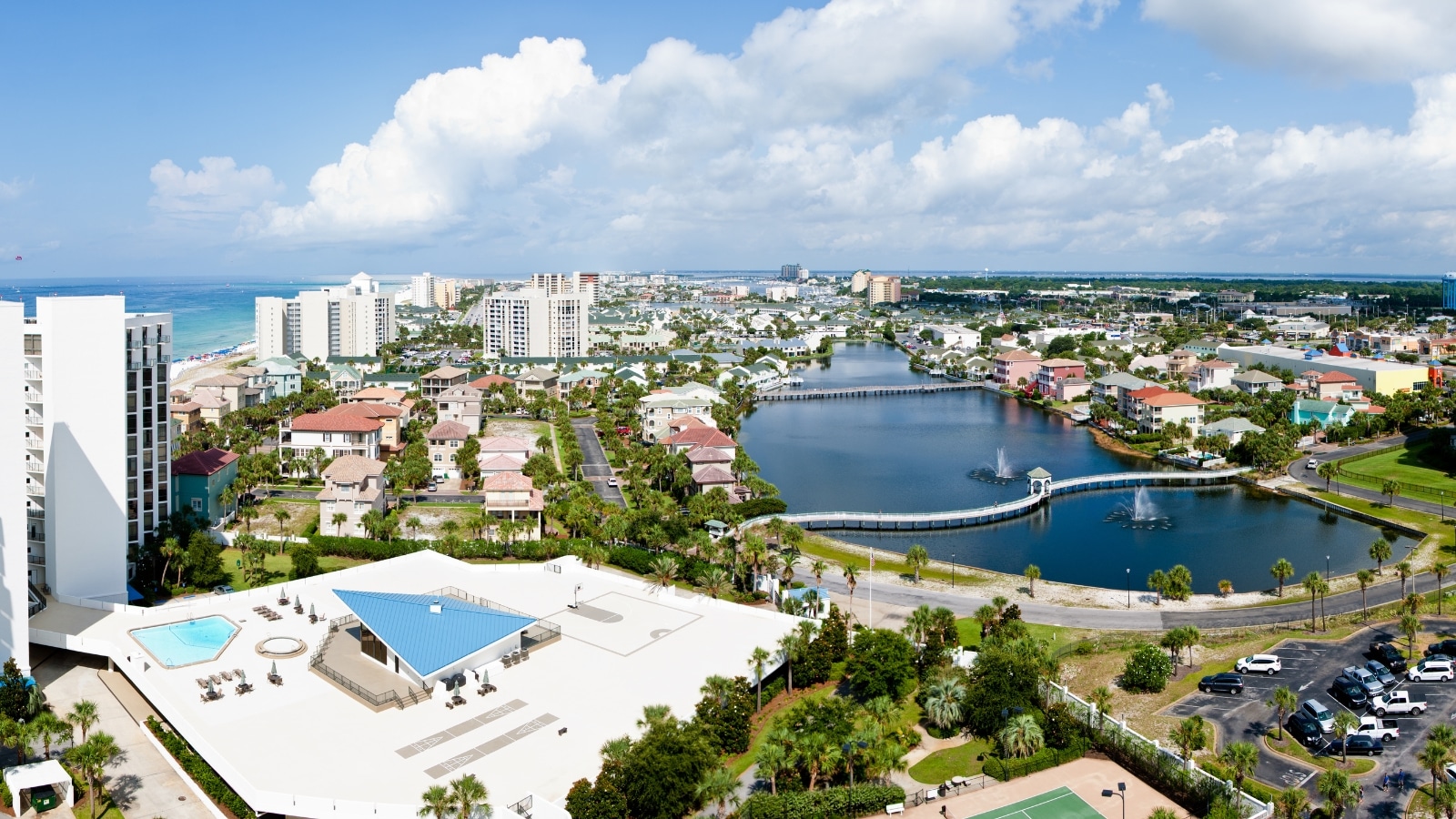 A panoramic view of Destin, Florida, on the Emerald Coast. The image captures the touristic area known for its popularity on the 'Redneck Riviera.' The panorama showcases the coastal landscape, featuring buildings, beaches, and recreational areas.