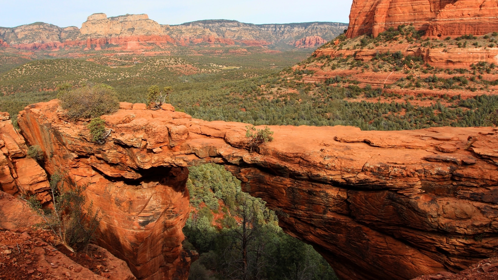 A photograph depicting Devil’s Bridge Trail in Sedona, Arizona. The image features a natural rock formation resembling a bridge, with a trail leading towards it. Sparse vegetation and desert terrain surround the trail, typical of the landscape in the region.