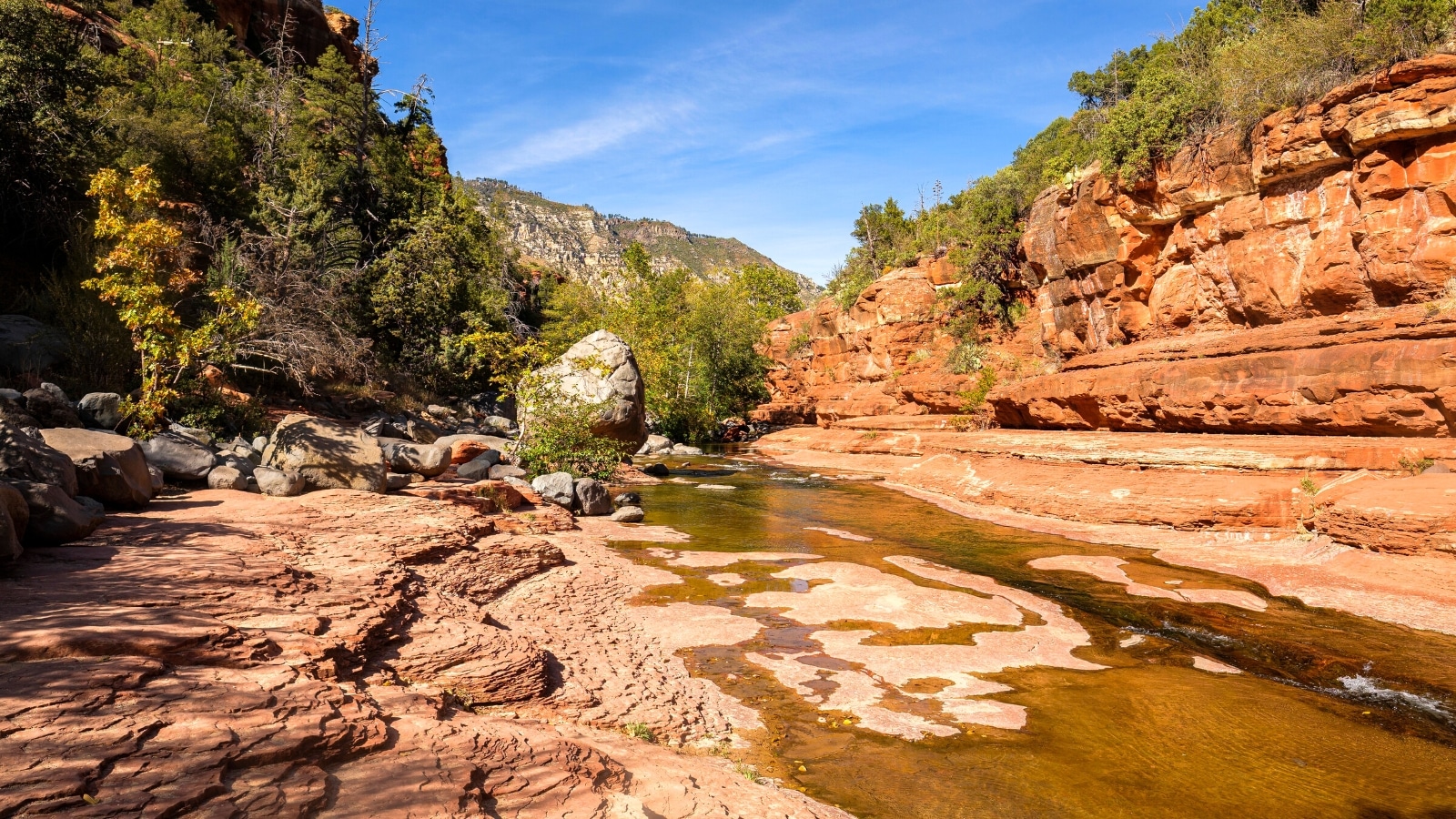 A photograph showcasing Slide Rock State Park in Sedona, Arizona. The image captures the natural beauty of the park, featuring rock water slides along Oak Creek Canyon. The surrounding landscape includes rugged terrain, lush vegetation, and the tranquil flow of the creek.