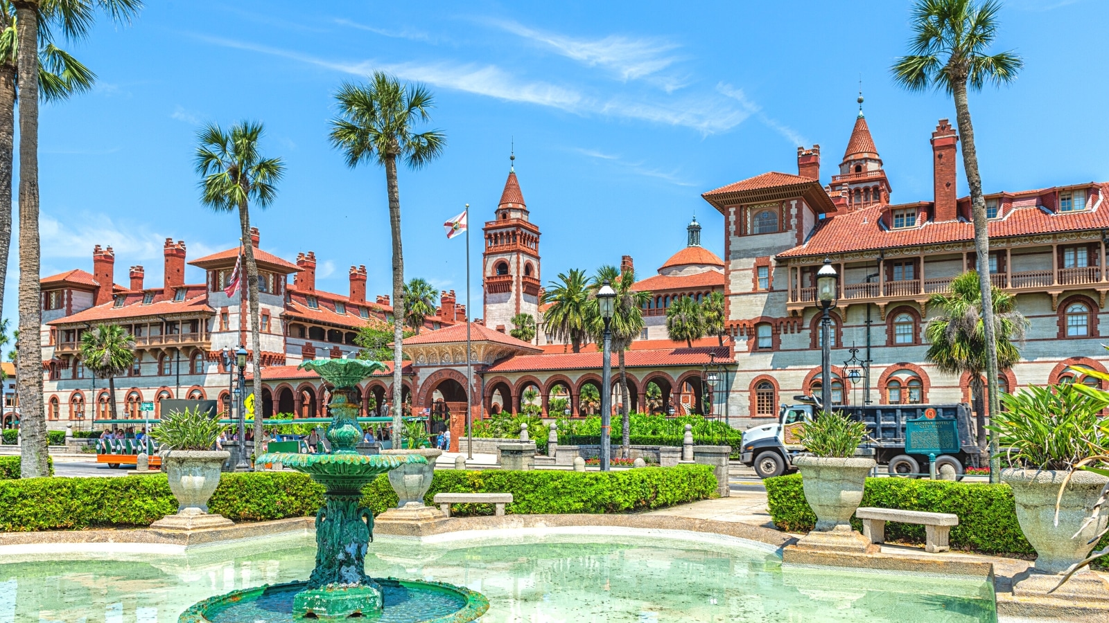 A photograph capturing Flagler College in St. Augustine, Florida. The image showcases the college