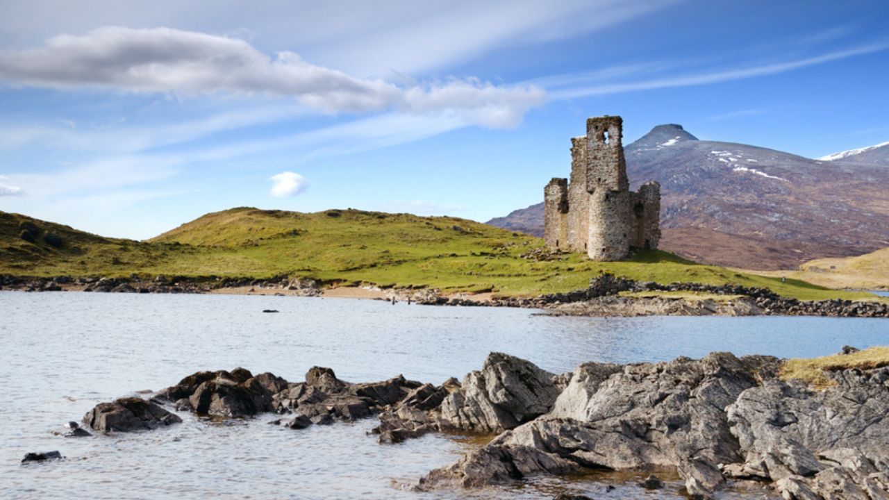 Ardvreck Castle on the shore of Loch Assynt, Scotland