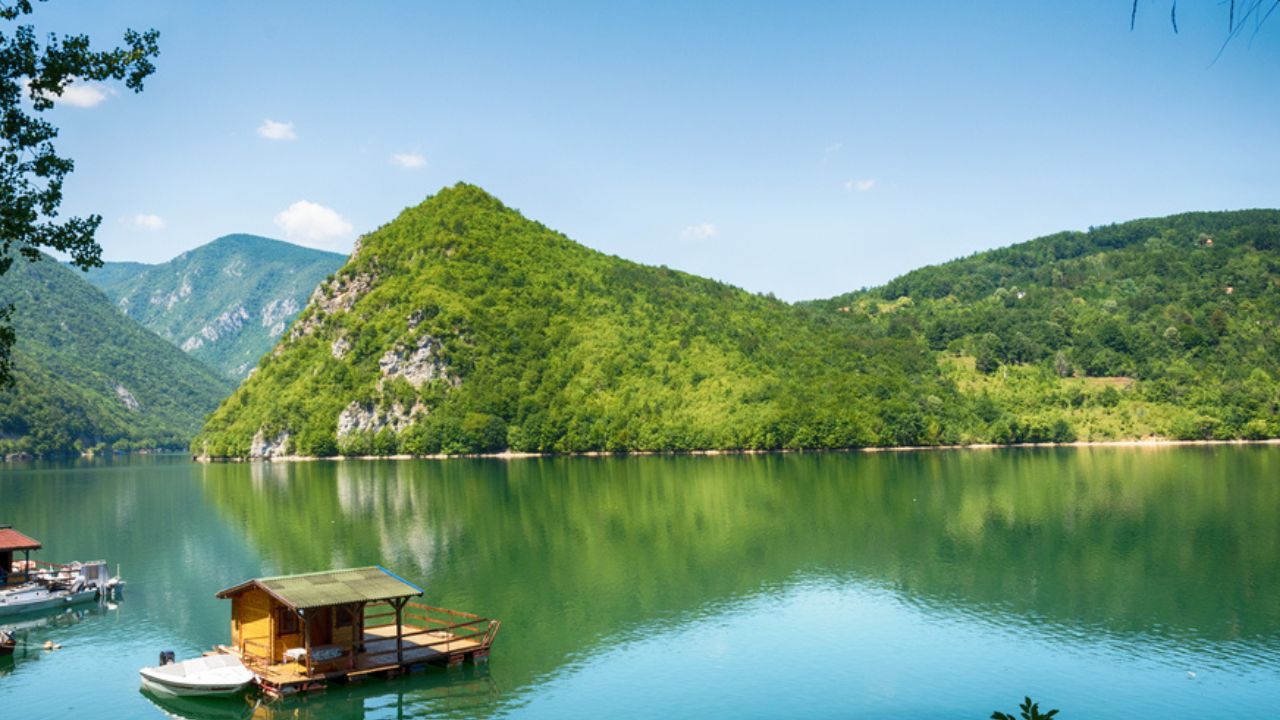 Perucac, Serbia July 31, 2017: Houseboats of Perucac lake, Tara National Park (Serbia)