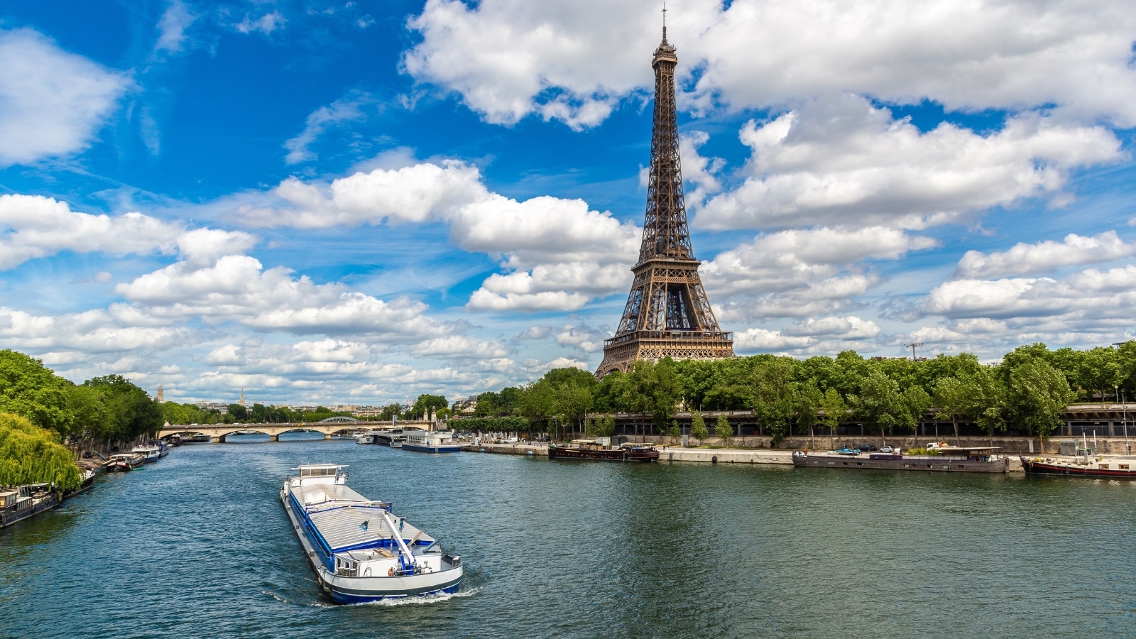The image captures the Eiffel Tower and the Seine River in Paris on a sunny summer day. The iconic tower stands tall against the clear sky, displaying its intricate iron lattice structure. A cruise tourist ship can be seen sailing along the Seine. The Eiffel Tower is predominantly brown with metallic accents, while the river appears blue under the sunlight.