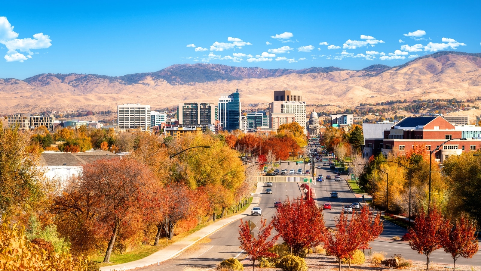 Capital Boulevard in Boise showcases full autumn color bloom, with vibrant foliage lining the street. In the background, arid mountains provide a stark contrast to the colorful cityscape.