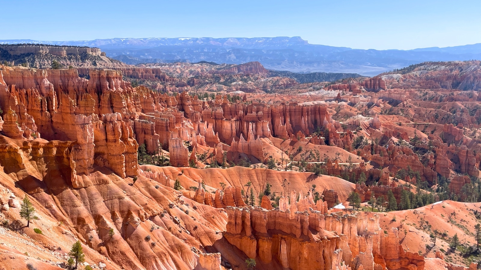 Bryce Canyon National Park in Utah, showcasing its unique geological formations known as hoodoos. The landscape is characterized by intricate rock formations in various shades of red, orange, and white.