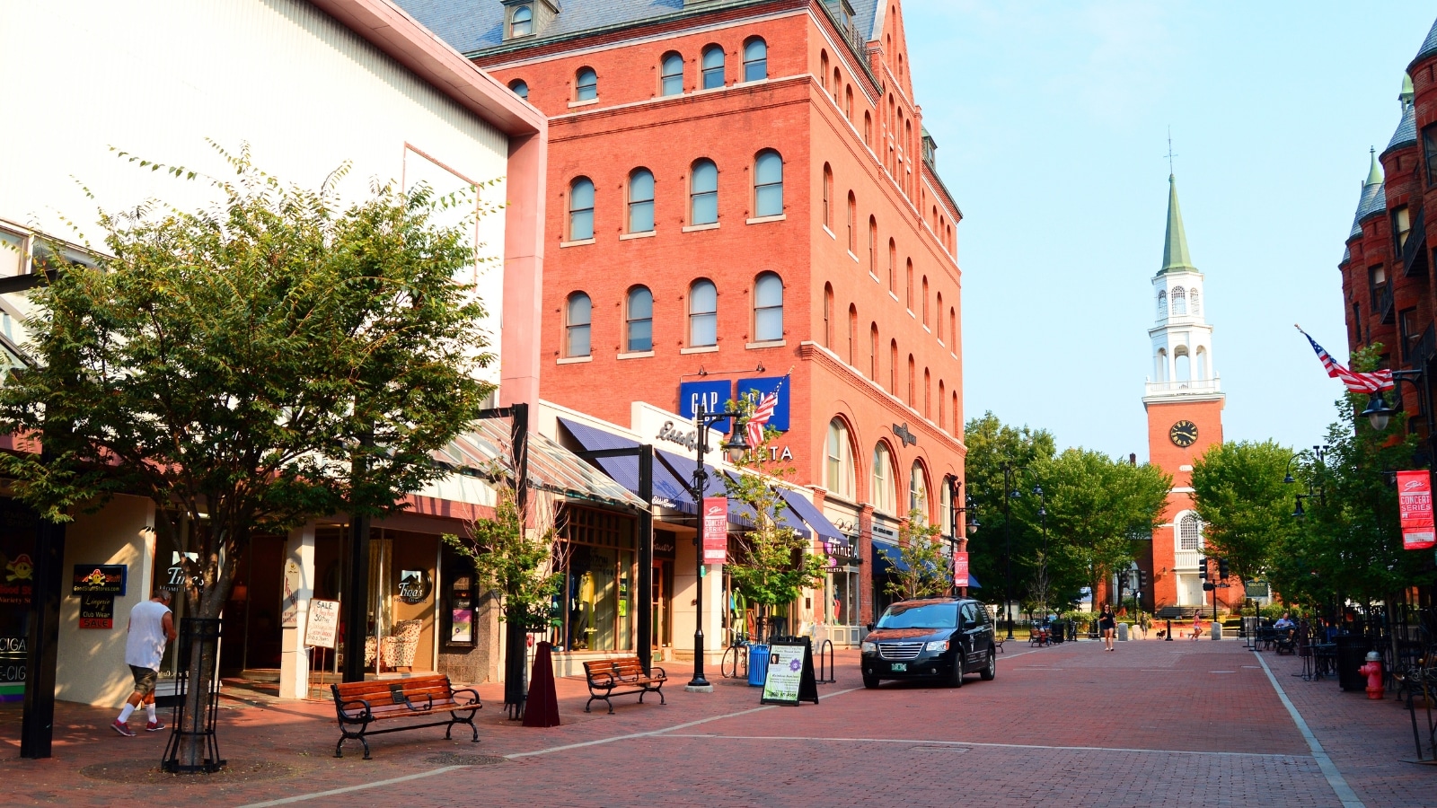 Downtown Burlington, Vermont, USA, features high-end retail stores along the pedestrian Church Street Mall.