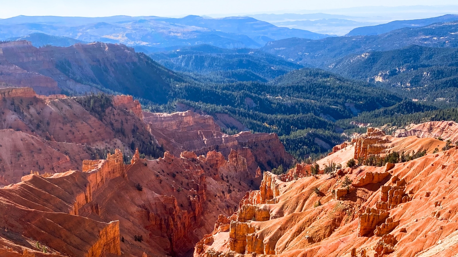 Cedar Breaks National Monument in Utah features a natural amphitheater adorned with hoodoos, windows, canyons, spires, walls, and steep cliffs.