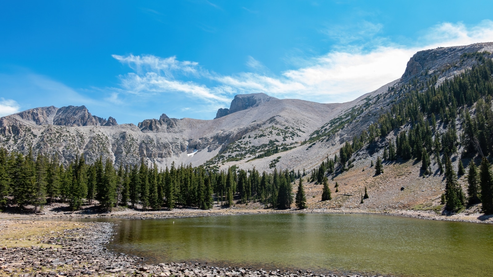 Stella Lake at Great Basin National Park in Nevada. In the foreground, the lake is prominently featured, reflecting the surrounding landscape. Behind the lake, mountain cliffs rise, adorned with pine trees that add to the natural scenery. The clear sky and sunlight illuminate the lake and mountains, creating a picturesque setting.