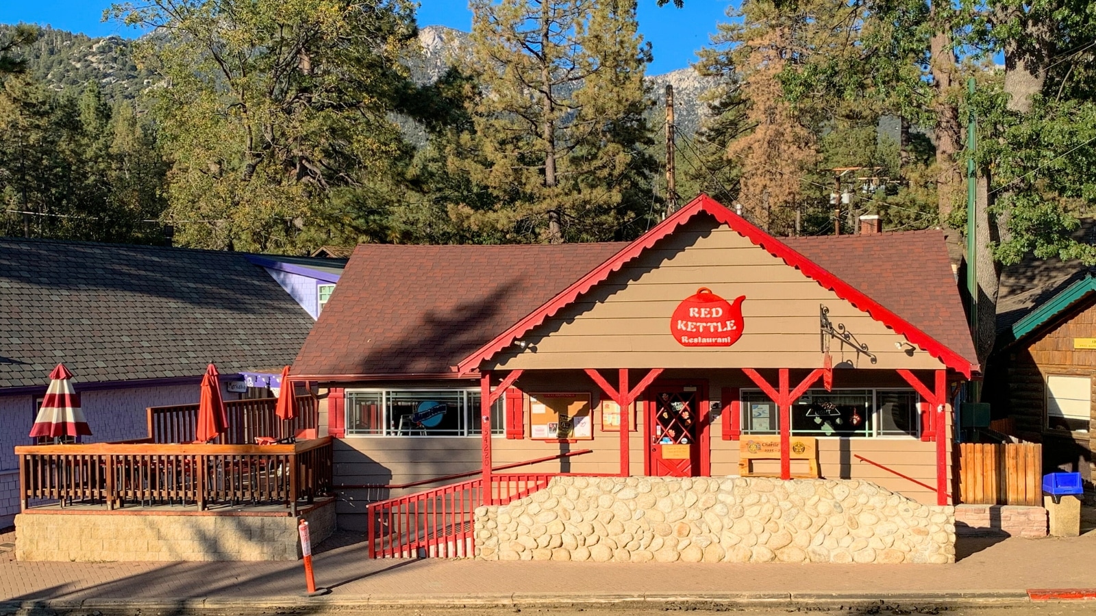 The Red Kettle Restaurant in Idyllwild, California, USA, is a popular dining establishment known for its front view. The restaurant's facade features a classic design with inviting colors and signage.