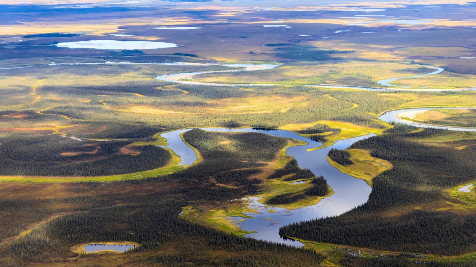 Kobuk Valley National Park in Alaska offers a stunning aerial view. Winding rivers weave through the landscape, forming intricate patterns. The terrain is a mix of green vegetation and sandy dunes, reflecting the park's diverse environment.