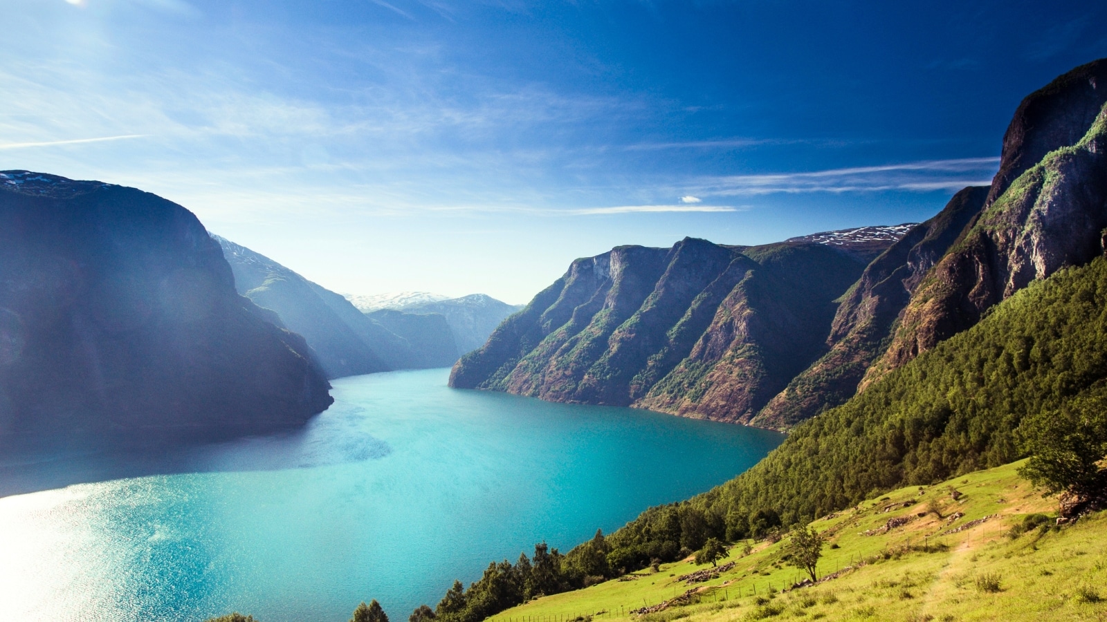 Nærøyfjord and Aurlandsfjord in Norway, featuring a wide turquoise river flanked by mountains on both sides.