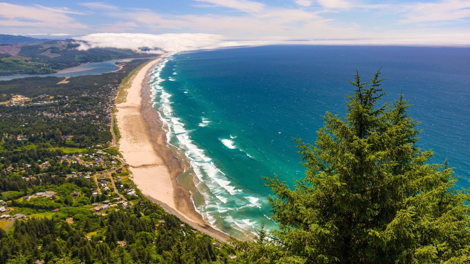 Manzanita Beach in Oregon, USA, with the Pacific Ocean surf visible along the Oregon coast. The perspective is from above, offering a sweeping view of the beach and ocean. The scene is characterized by abundant greenery surrounding the beach.