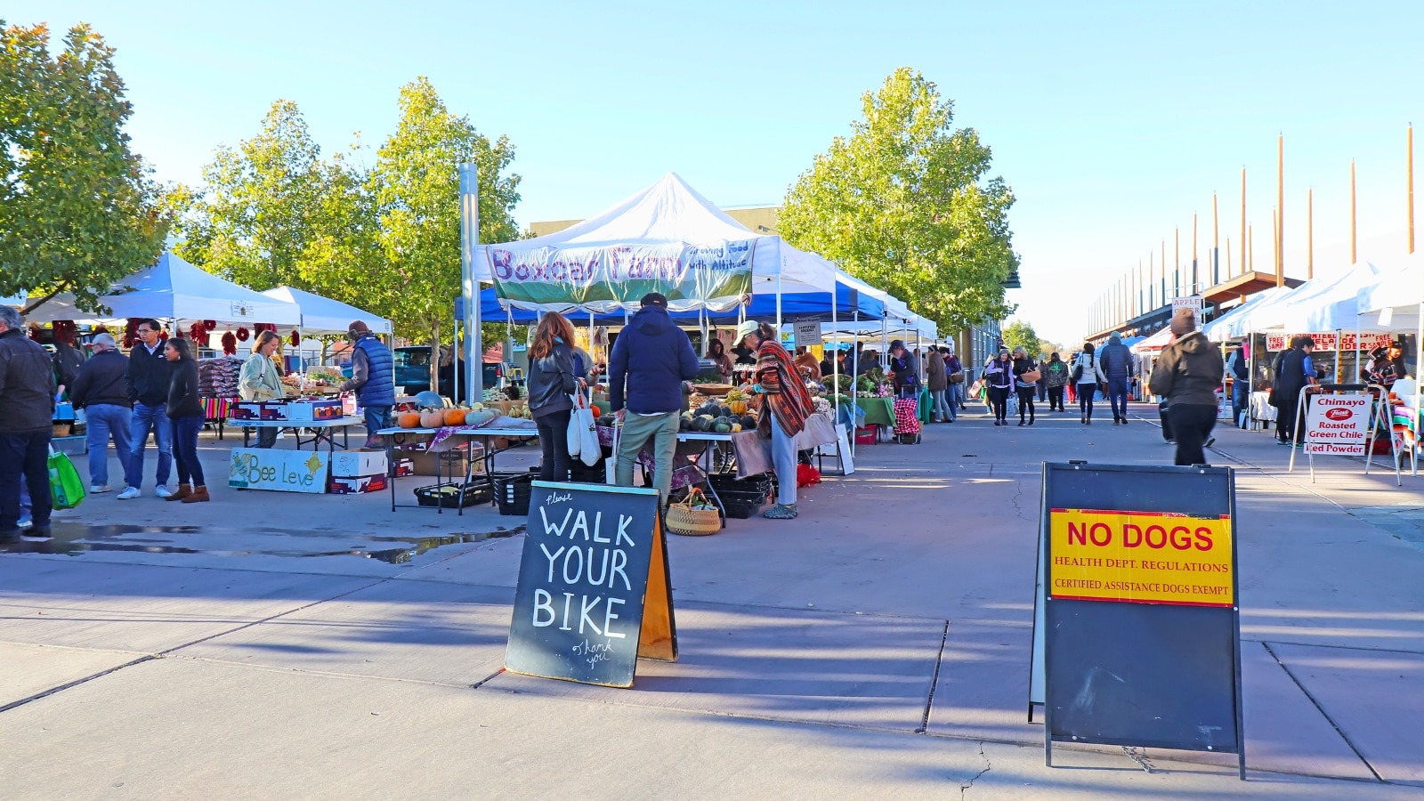 In Santa Fe, New Mexico, the scene captures vendors and shoppers bustling at the Santa Fe Farmers Market. The market is characterized by rows of white tents housing various sellers offering their goods. Numerous people can be seen walking around, creating a lively and busy atmosphere typical of such markets.