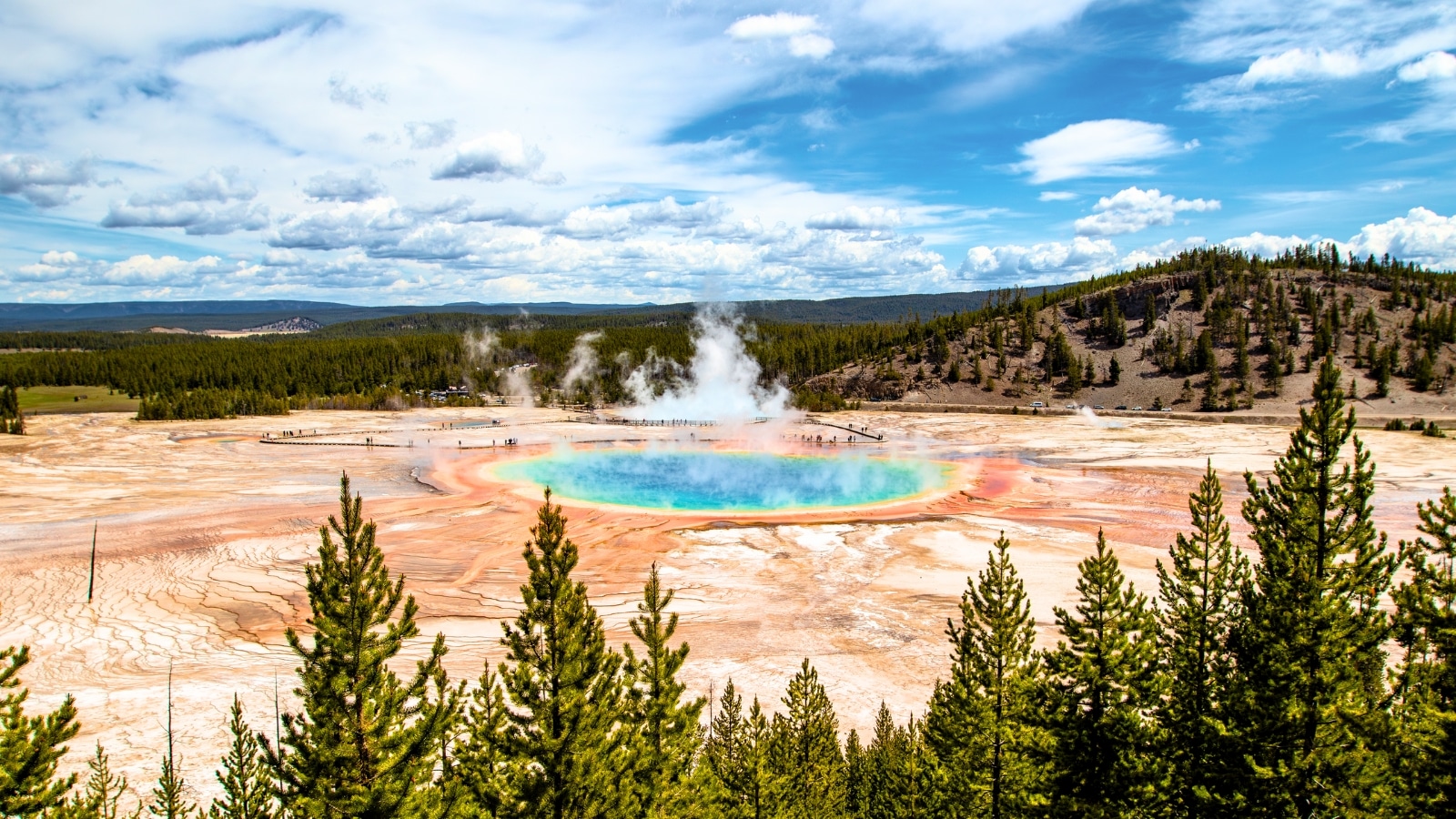 Grand Prismatic Spring in Yellowstone National Park, Wyoming, as seen from the Fairy Falls Trail in a horizontal perspective. In the center of the scene is the round spring, showcasing its vibrant colors and distinct layers of mineral deposits.