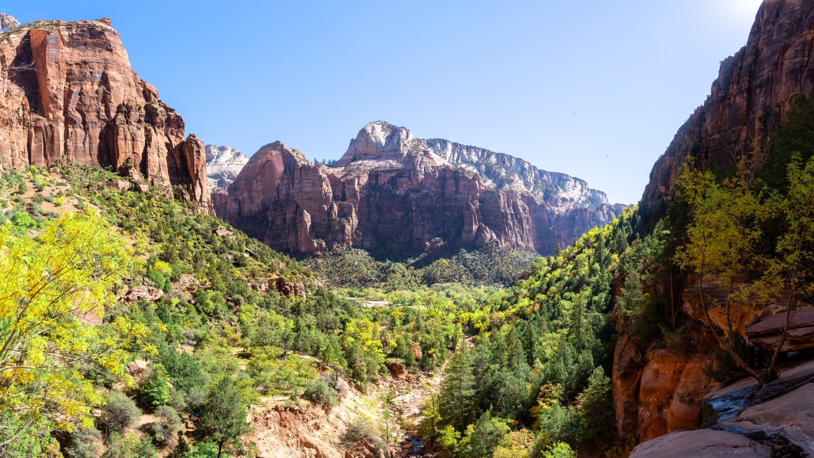 In Zion National Park, Utah, the image showcases the Deer Trap and Great White Throne mountains as viewed from Zion Canyon. The perspective is from a rock ledge positioned between the Lower and Middle Emerald Pools, offering a stunning vista of the rugged canyon landscape. The mountains stand majestic in the background, characterized by their towering heights and distinct geological formations.