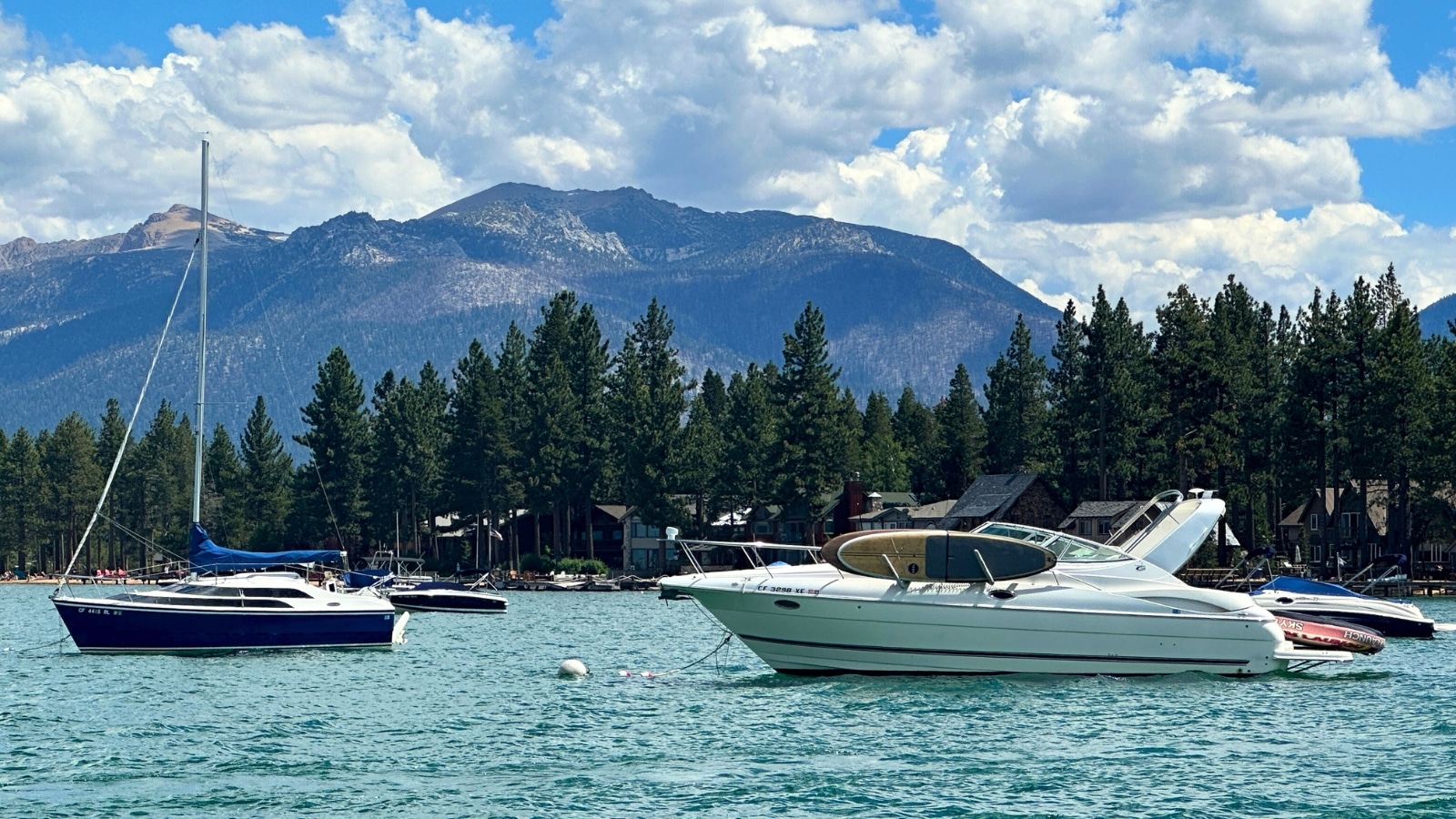 The image showcases Camp Richardson Marina in South Lake Tahoe, California. It features several boats within the marina against a backdrop of mountains and forests.