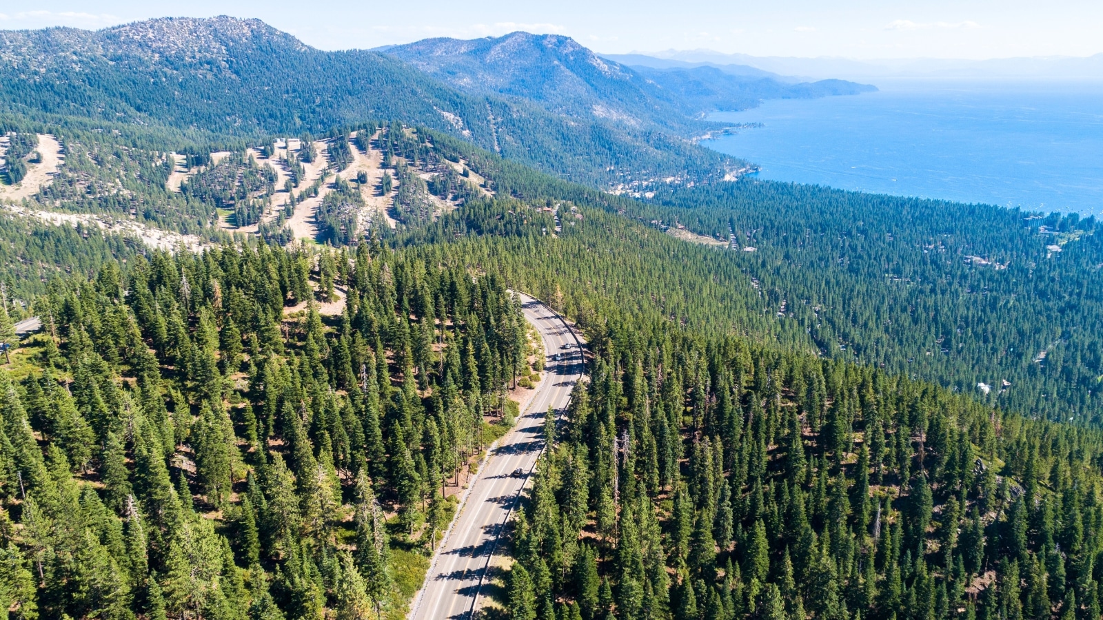 The image features a serene scene of forests and trees amidst roads near Lake Tahoe in Nevada. A long road cuts through dense pine forests, creating a picturesque view of nature. The trees predominantly consist of evergreens, contributing to the area's lush greenery.