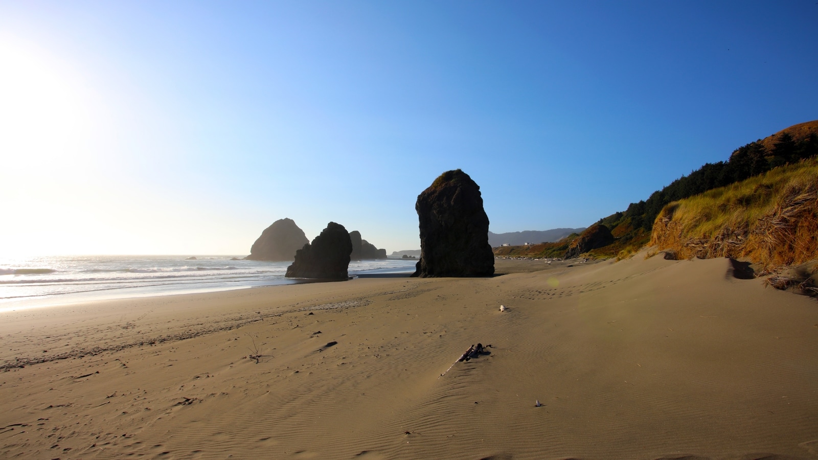 Gold Beach Pacific Coastline in Oregon's Northwest region. Dominating the foreground are two large black rocks protruding from the sandy beach.