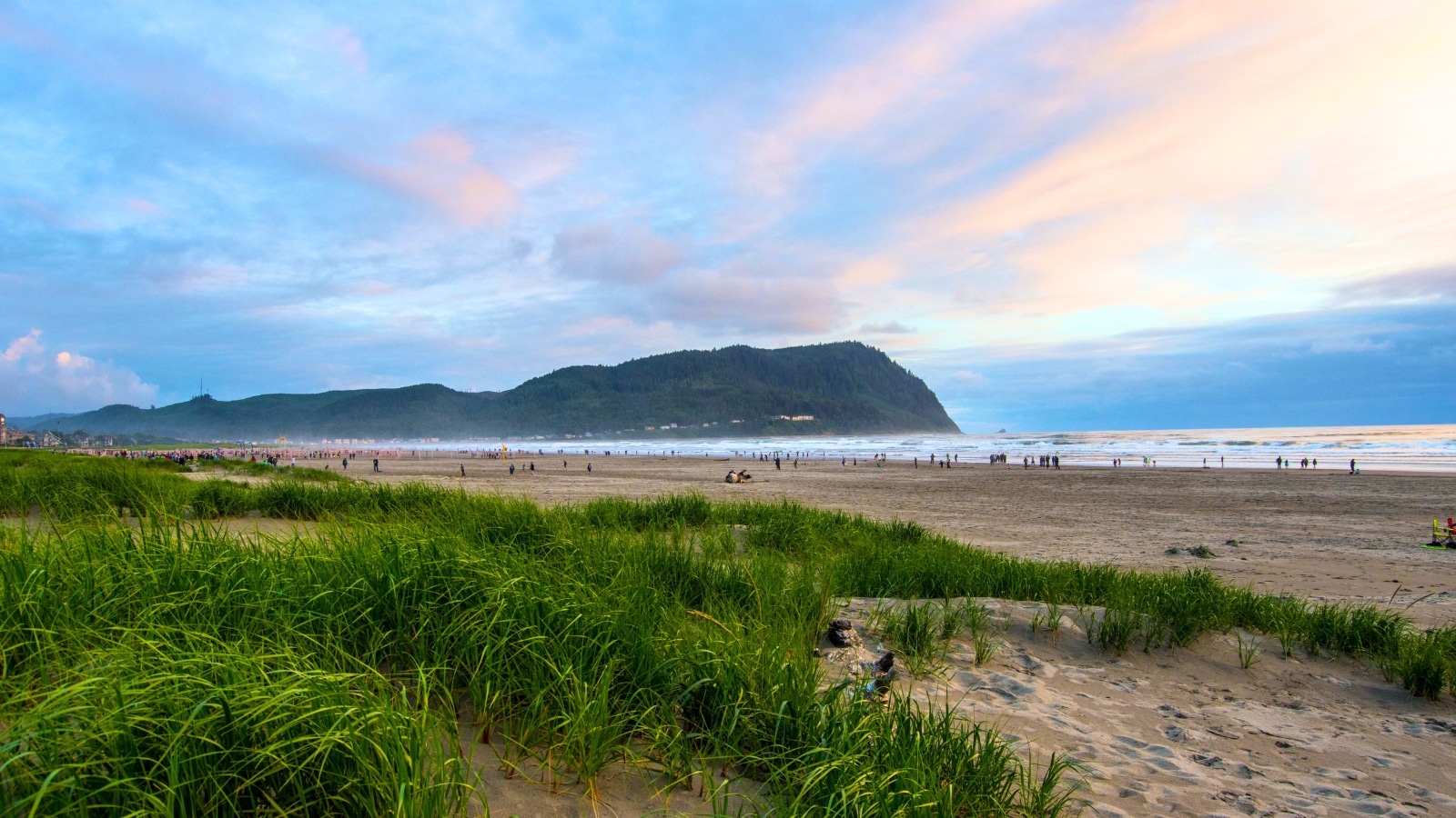 Seaside Beach in Oregon presents a wide stretch of sandy coastline, flanked by lush green grass on its periphery. In the backdrop, the scene unfolds with gently rolling green hills. Above, the sky is adorned with light, wispy clouds.