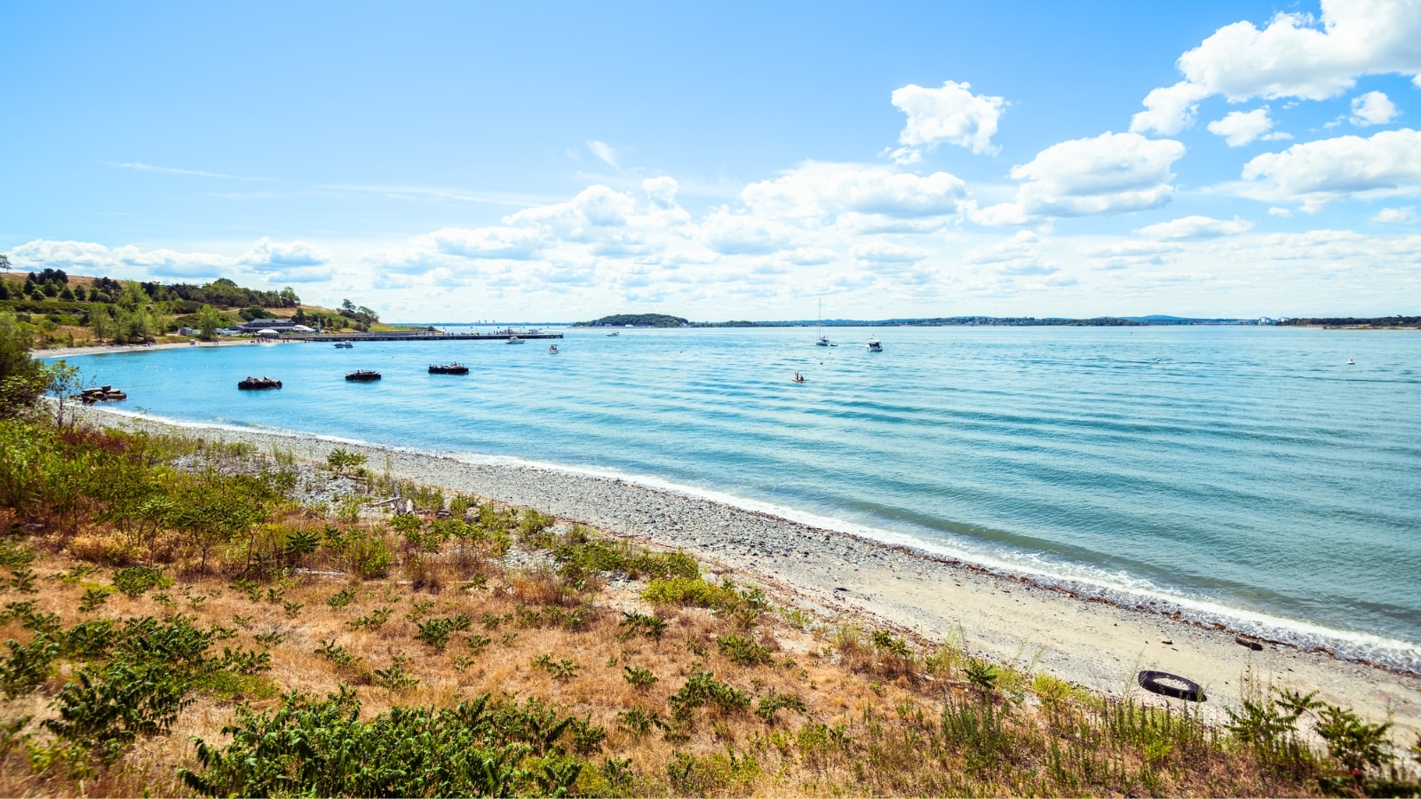 Spectacle Island Beach in Boston Harbor features a calm sea with a few boats dotting the water. The weather is pleasant, with clear skies enhancing the beach experience. The beach itself is narrow, transitioning from vegetation in the foreground to sand and pebbles further out.